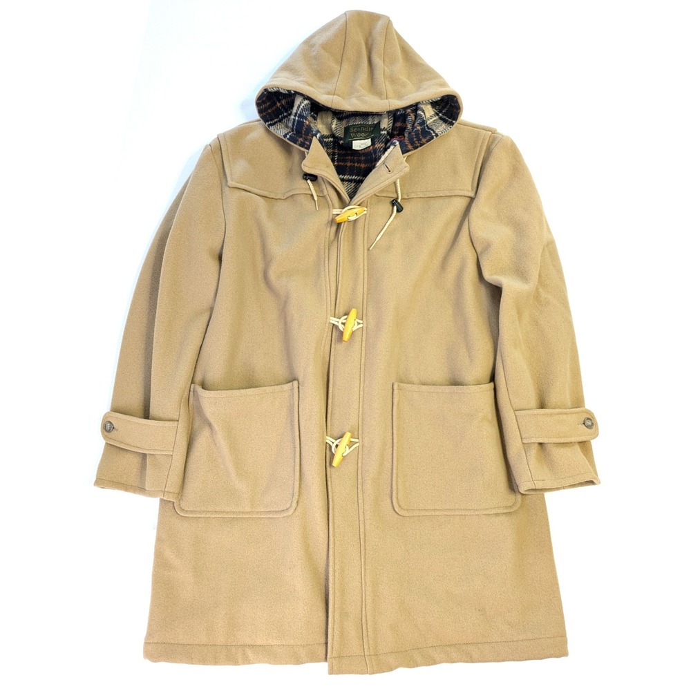 Scandia Woods Mens Duffle Coat Tan Camel Plaid Lined Hood Toggle USA Made Large
